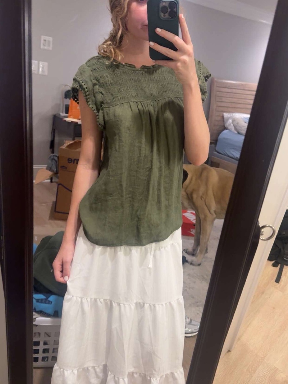 Fever Olive Green Short-Sleeve Smocked Yoke Tunic